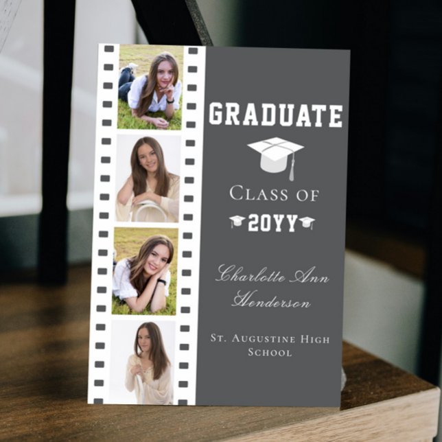 Filmremsa fyra fotokollage Studenten | Grått Inbjudningar (Gray Filmstrip Four Photo Collage Graduation Announcement Invitation)