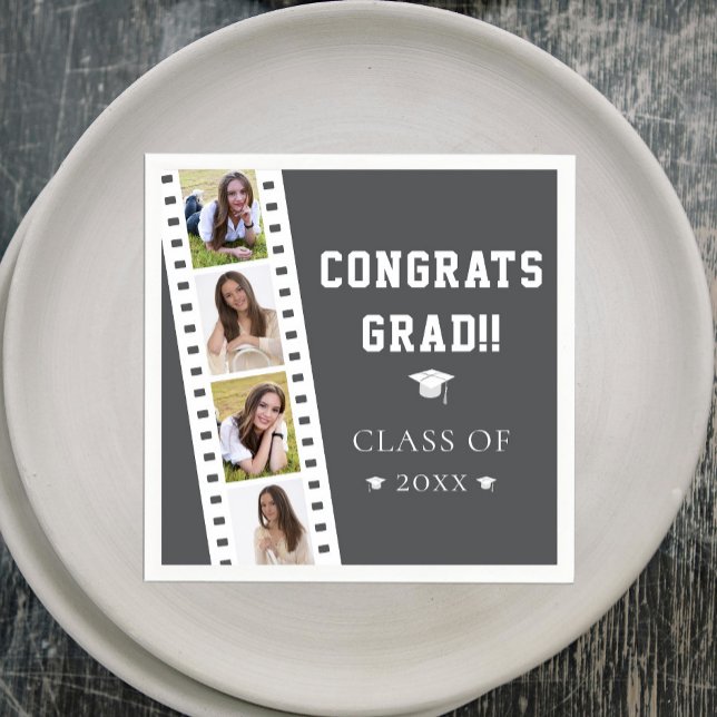 Filmremsa fyra fotokollage Studenten | Grått Pappersservett (Gray Filmstrip Four Photo Collage Graduation Party Napkins)