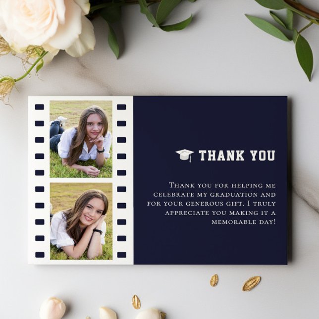 Filmremsa Photo Collage Studenten Blue Tack Kort (Blue Filmstrip Photo Collage Graduation Thank You Cards)