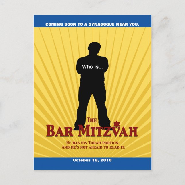 Filmstjärna Bar Mitzvah Spara Datum Gul Blå Meddelande Vykort (Framsida)