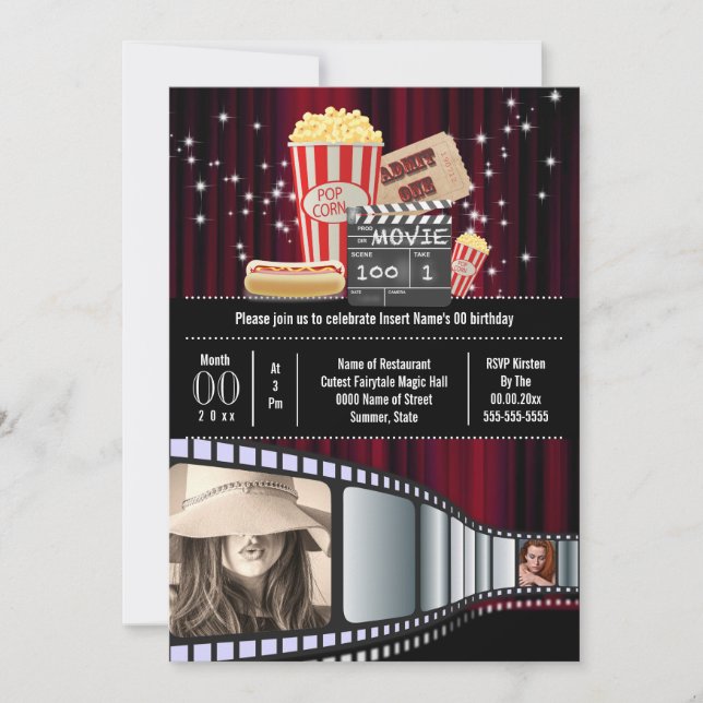 Filmtema 2 fotoremsfilm popcorn party inbjudningar (Framsida)