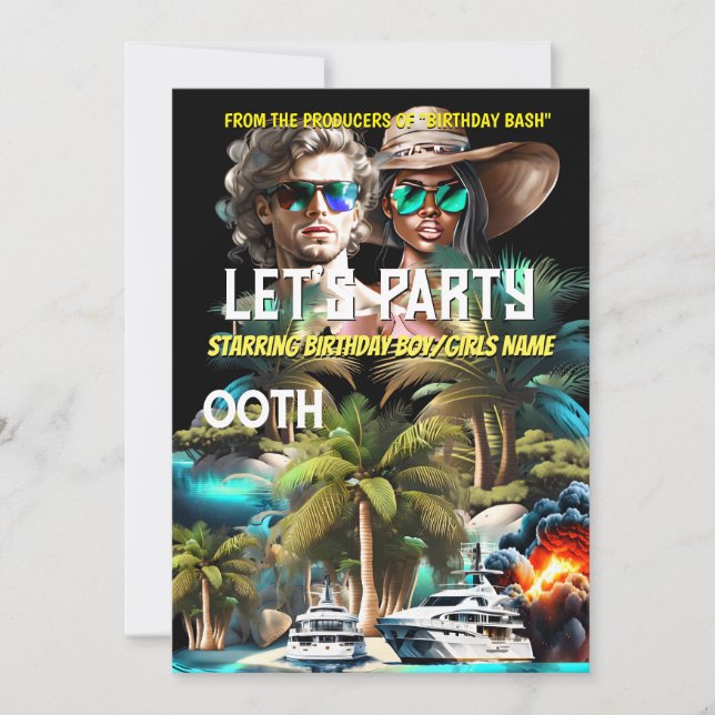 Filmtemat strandöarnas toppen-hjälte vuxna party inbjudningar (Framsida)