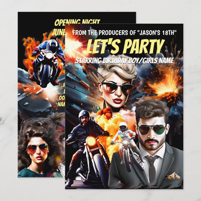 Filmtematorhjältar, aktion äventyr inbjudningar (Fram/baksida)