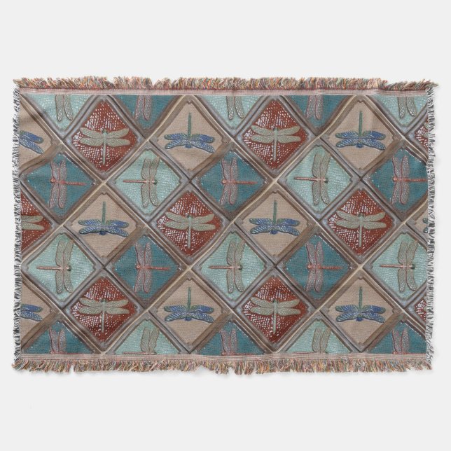 Filt med rutnätsram med Dragonfly-utskrift (Framsidan)