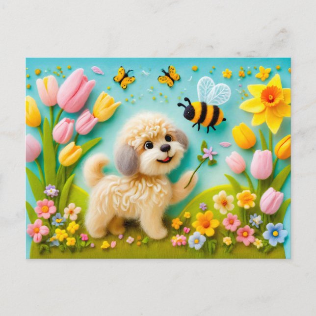 Filtad hund med vårblommor vykort (Framsida)