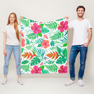 Filten - Levande Tropisk Hibiskus och Monstera P Fleecefilt