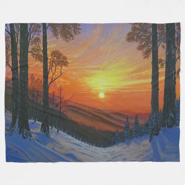 Filten - "Solnedgång över snöig skog" Fleecefilt (Framsidan (Horisontell))