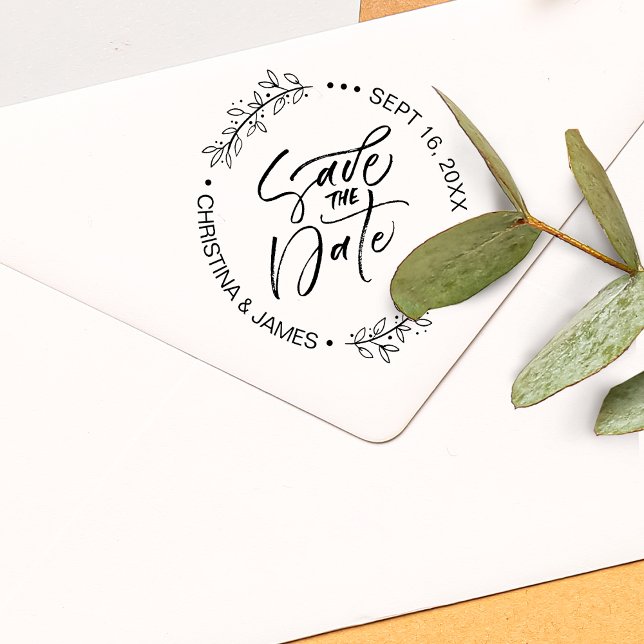 Filtidspensionsskript Spara datum Stämpel (Foliage Brush Script Save The Date Rubber Stamp)