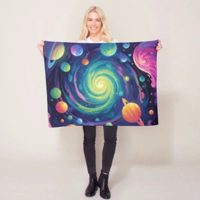 Filttäcke med planetarisk rotation fleecefilt (Neon Galaxy Space Fleece Blanket – Cosmic Spiral Planets Throw Cozy Trippy Nebula Bed Sofa Gift)