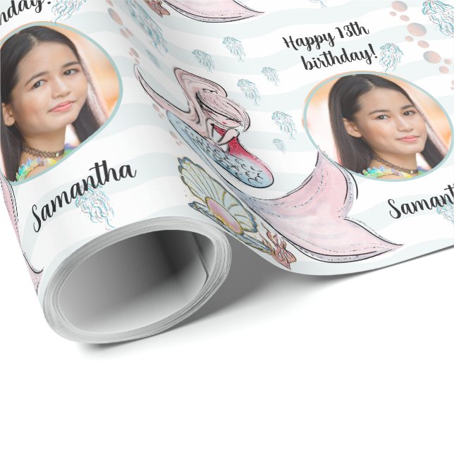 Fin Anpassningsbar Fototext Sjöjungfru under havet Presentpapper (Rullad Hörn)