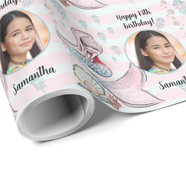 Fin Anpassningsbar Fototext Sjöjungfru under havet Presentpapper (Rullad Hörn)