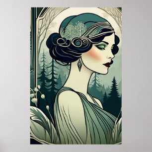 Fin Art Deco 1920-talet Flapper Girl i grönt Poster
