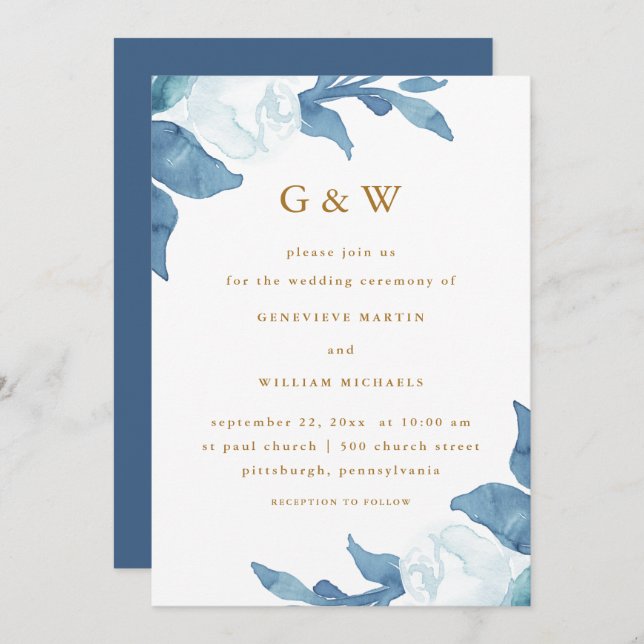 Fin blå Blommigt med Guld Färg Monogram Inbjudningar (Fram/baksida)