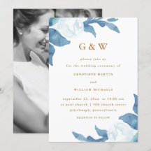 Fin blå Blommigt med Monogram Photo Bröllop