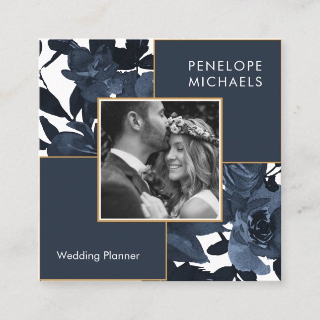 Fin blå Blommigt med Photo Fyrkantigt Visitkort (Framsida)