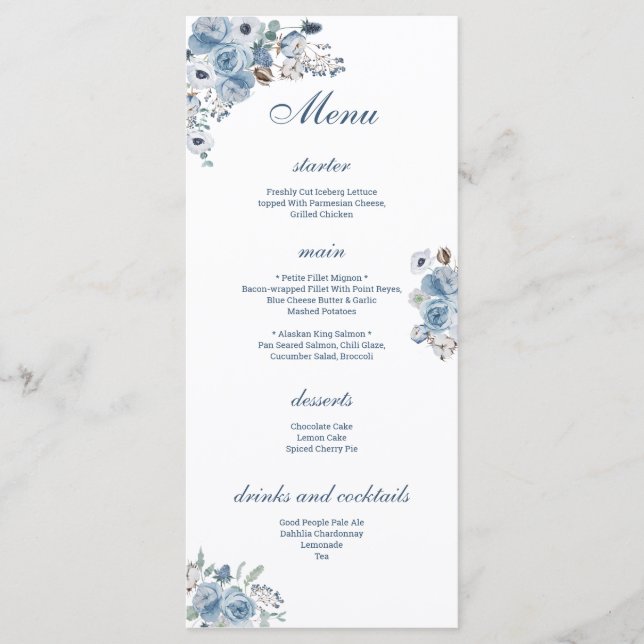 Fin blå Blommigt Meny (Framsida)