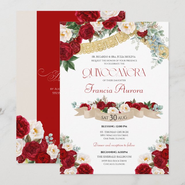 Fin Blommigt Blooms Red & White Quinceanera Inbjudningar (Fram/baksida)