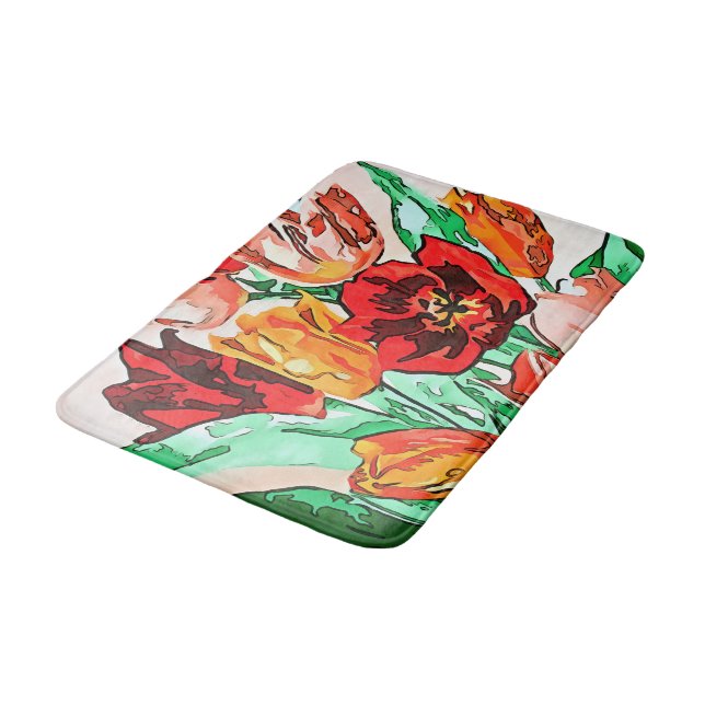 Fin Blommigt Bouquet Tulips Black Outline Art Badrumsmatta (Vinklad)