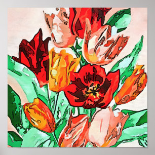 Fin Blommigt Bouquet Tulips Black Outline Art Poster