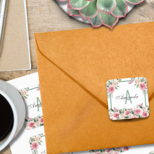 Fin Blommigt Design Monogram Fyrkantigt Klistermärke