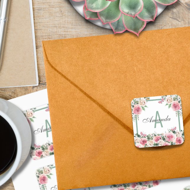 Fin Blommigt Design Monogram Fyrkantigt Klistermärke (Skapare uppladdad)