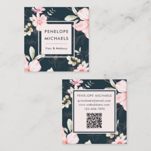 Fin Blommigt med Mörk blått QR-kod Fyrkantigt Visitkort