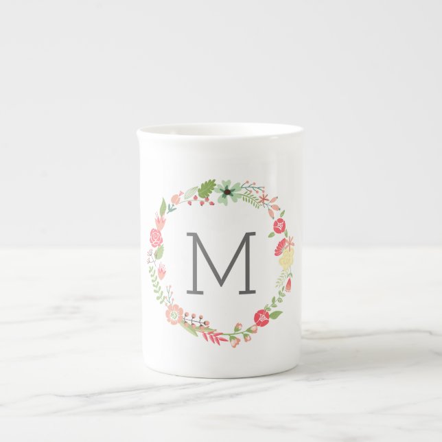 Fin Blommigt Monogram Bone China Mugg Benporslin Mugg (Framsidan)