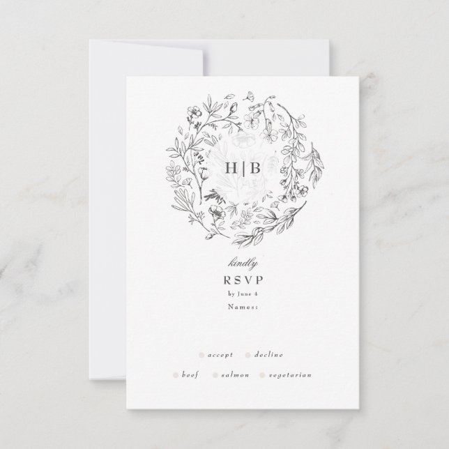 Fin Blommigt Monogram Sketchutandning Bröllop OSA Kort (Framsida)