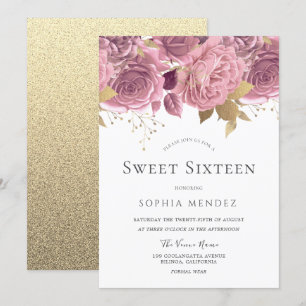 Fin Blommigt och Guld Sweet sixteen Inbjudningar