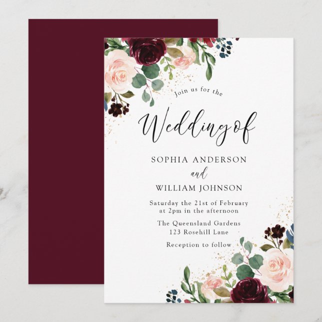Fin Blommigt Watercolor Burgundy Bröllop Inbjudningar (Fram/baksida)