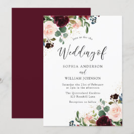 Fin Blommigt Watercolor Burgundy Bröllop Inbjudningar