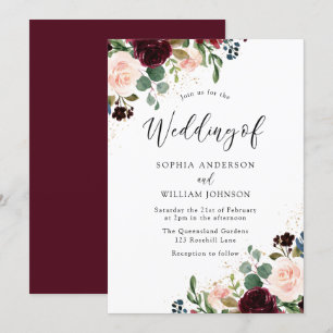 Fin Blommigt Watercolor Burgundy Bröllop Inbjudningar