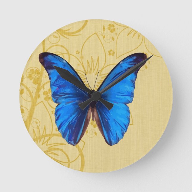 Fin Blue Butterfly Vintage art Rund Klocka (Framsida)