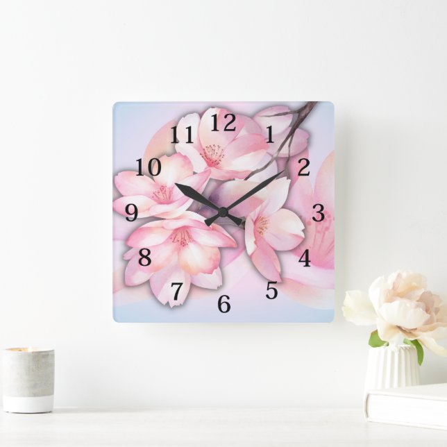 Fin Cherry Blommar Acrylic Wall Clock Fyrkantig Klocka (Hem)