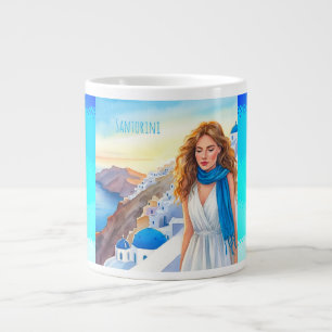 Fin Dam i ett blått Scraft Enjoying Santorini Jumbo Mugg