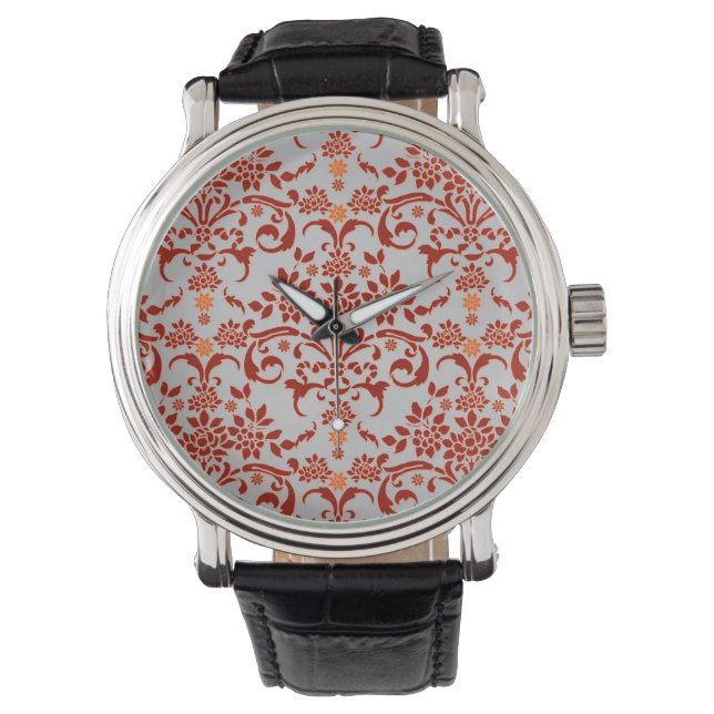 Fin damastdesign Orange och Silver Armbandsur (Framsida)