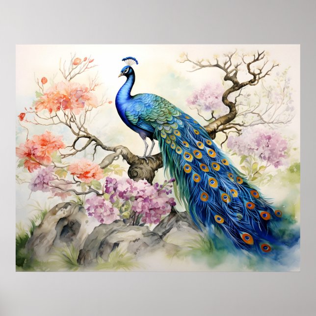 Fin Elegant Blue Grönt Peacock Fine Art Poster (Framsidan)