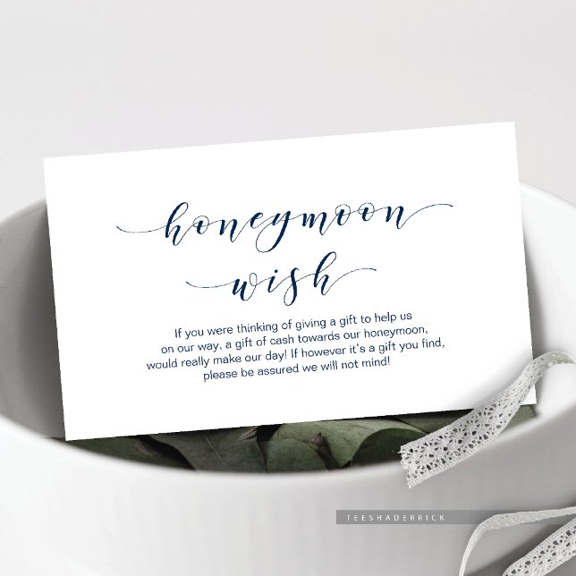 Fin Elegant, marinblått skript Honeymoon Wish Tilläggskort (Wedding Honeymoon Wish Enclosure Card, in Beautiful Elegant, Navy Blue script font)