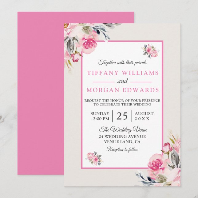 Fin Elegant  Rosa Blommigt Bröllop Inbjudningar (Fram/baksida)
