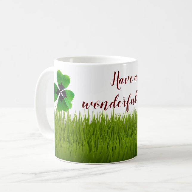 Fin fyra Löv i Klöver i levande Grönt Kaffemugg (Framsida vänster)