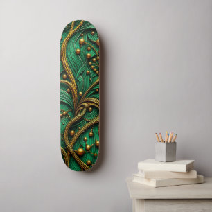 Fin Grönt och Guld Blommigt och Pärlor Abstrakt Mini Skateboard Bräda 18,5 Cm