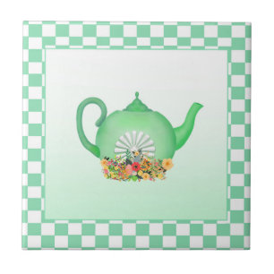 Fin Grönt Tekanna med blommor, keramiska plattor Kakelplatta