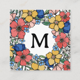 Fin Gult Blue Coral Blommigt Monogram Fyrkantigt Visitkort