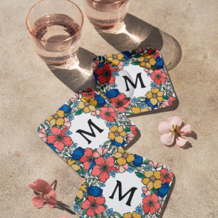 Fin Gult Blue Coral Blommigt Monogram Underlägg Papper Kvadrat