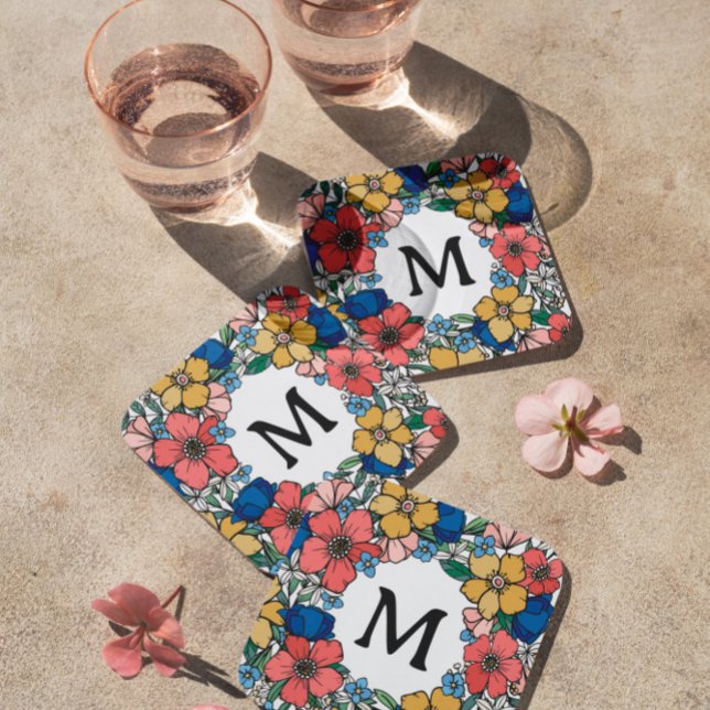 Fin Gult Blue Coral Blommigt Monogram Underlägg Papper Kvadrat (Skapare uppladdad)