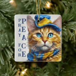 Fin Gult Katt med Blue Öga - Ukraina Julgransprydnad Keramik