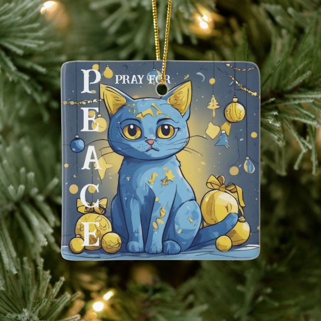 Fin Gult Katt med Blue Öga - Ukraina Julgransprydnad Keramik (Träd)