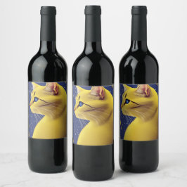 Fin Gult Katt med Blue Öga Vinflaska Etikett