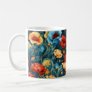 Fin Gult Red Blåa blommor Botanical Print Kaffemugg
