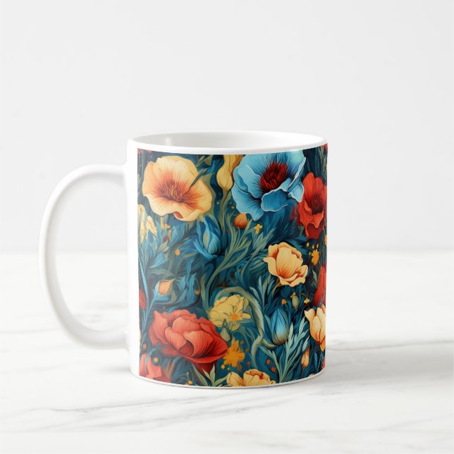 Fin Gult Red Blåa blommor Botanical Print Kaffemugg (Vänster)